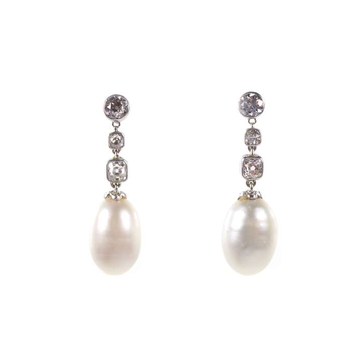 Pair of antique ovoid pearl and diamond pendant earrings